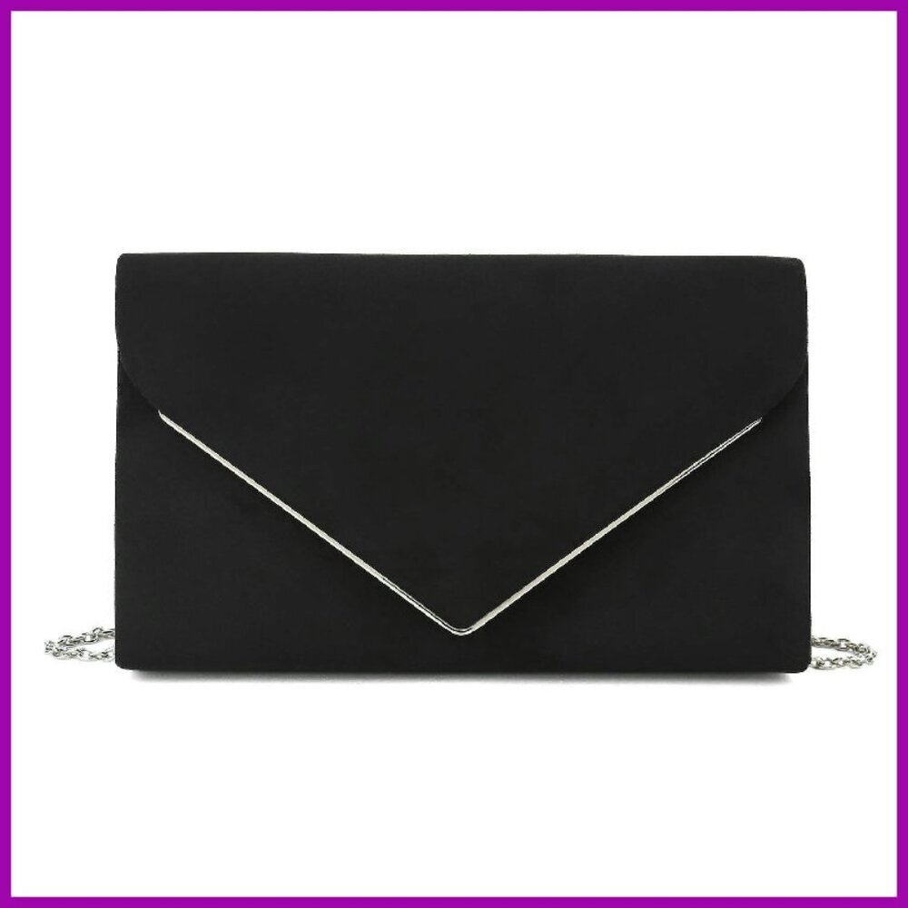 Faux Suede Clutch Bag with Metal Trim Detachable Chain Strap Evening Purse